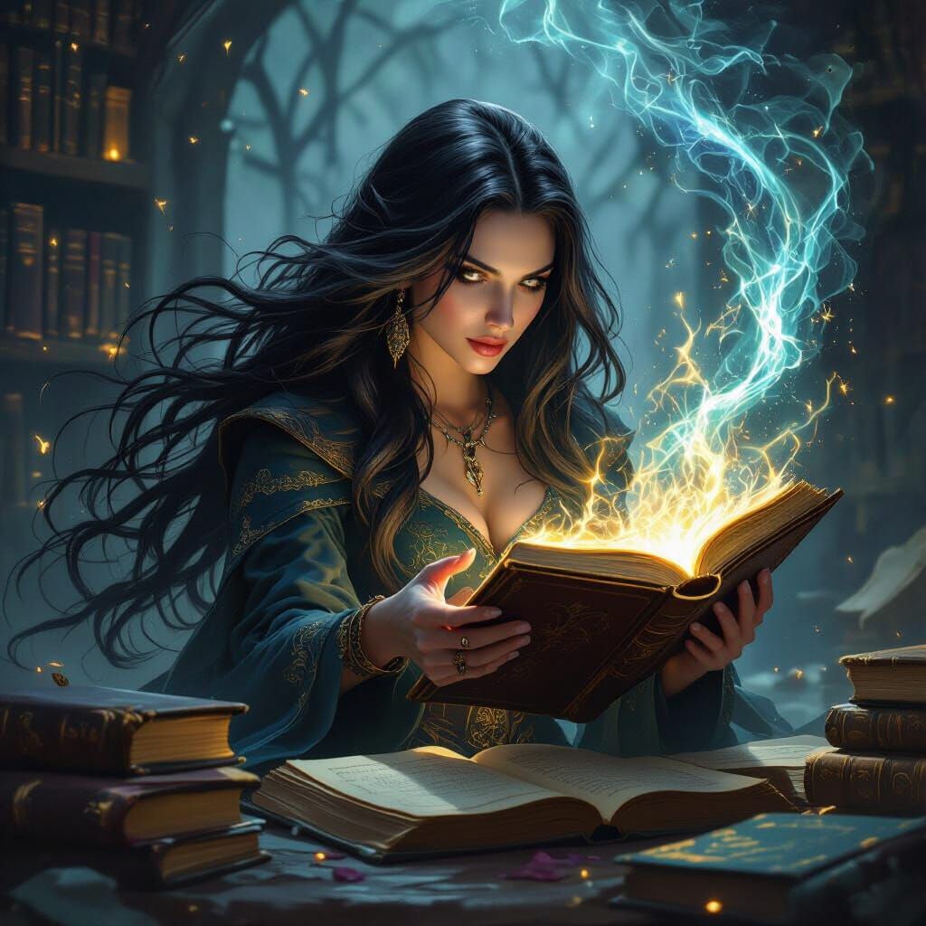 Sorceress Casting Spell from Ancient Tome