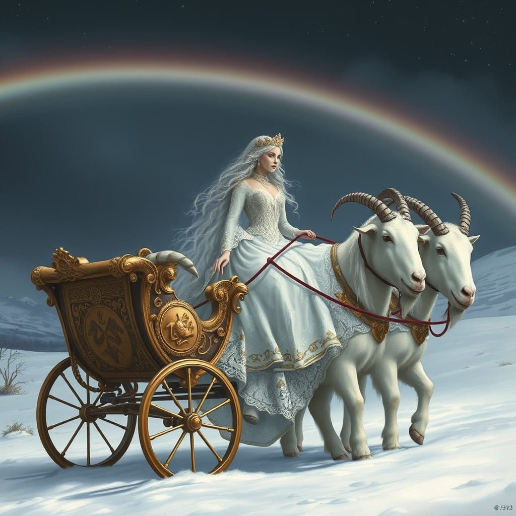 Regal Nordic Bride Rides Golden Chariot Under Starry Snowy S...