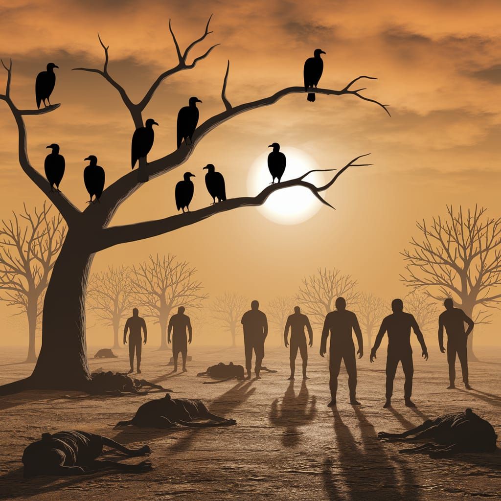 Vultures and Zombies in Desolate Landscape Under Scorching S...