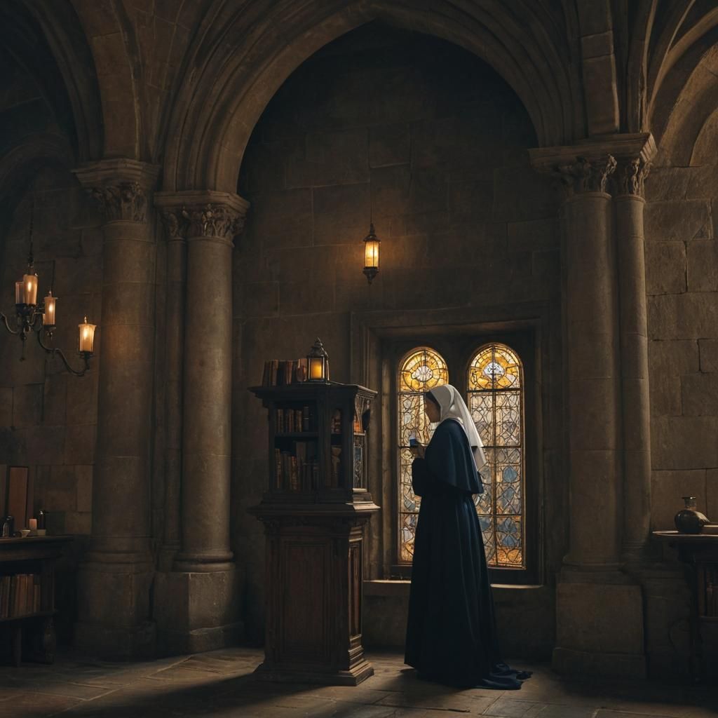 Nun in Cathedral with Candle Lantern as Digital Art