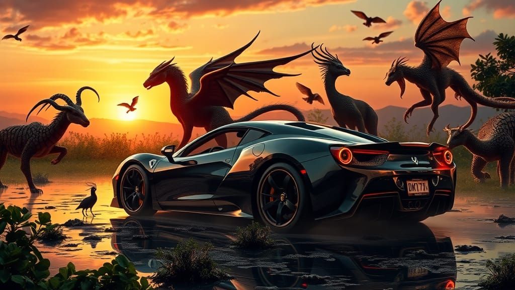 Mystical Creatures and Supercar Collage at Sunset