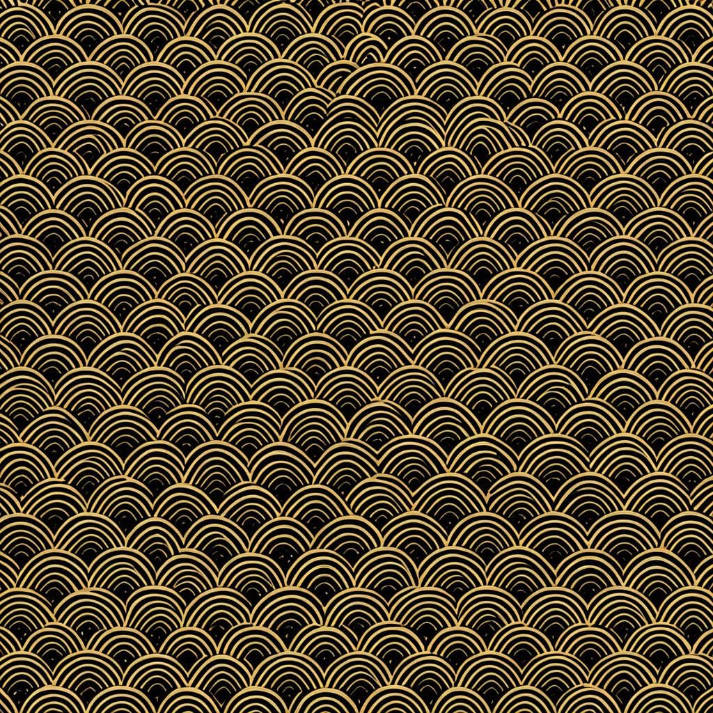 Traditional Japanese Waves on Gold and Black Geometric Patte...