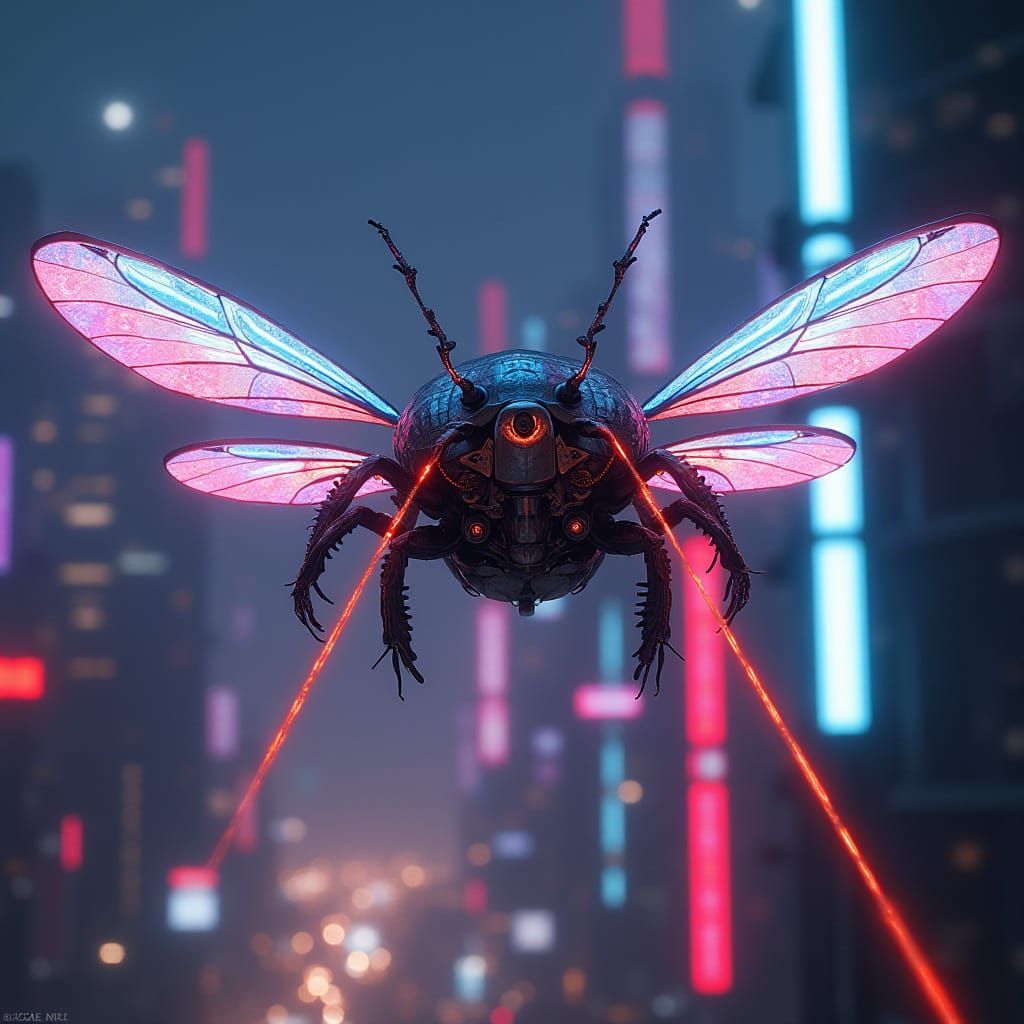 Mechanical Beetle Hovercar Soars Above Cyberpunk City
