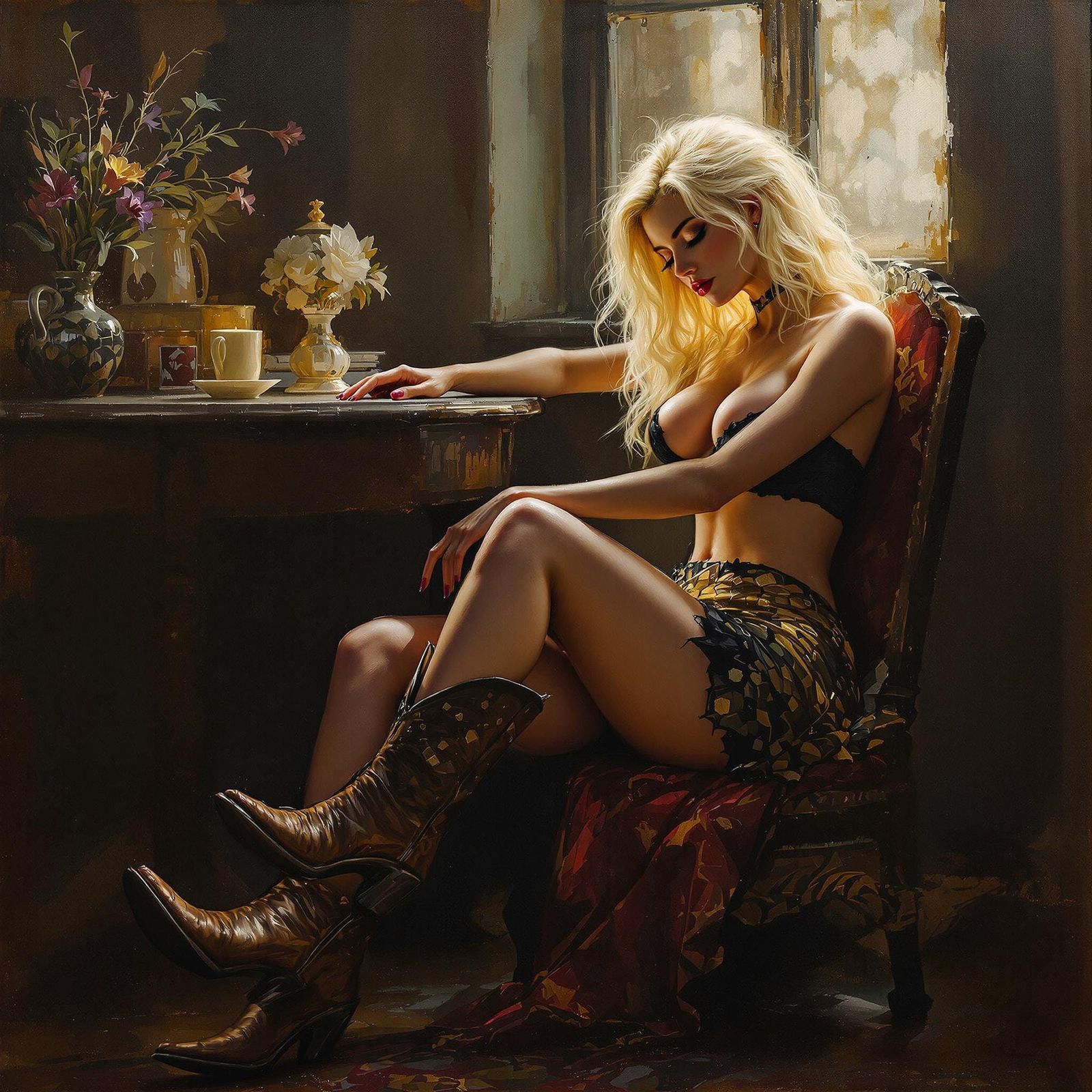 Blonde Woman in Cowboy Outfit, Oil Painting Style