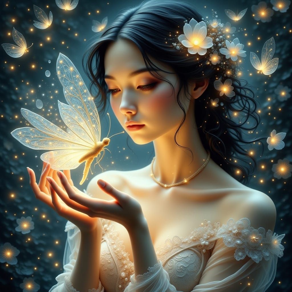 Ethereal Woman with Glowing Butterfly in Art Nouveau Style