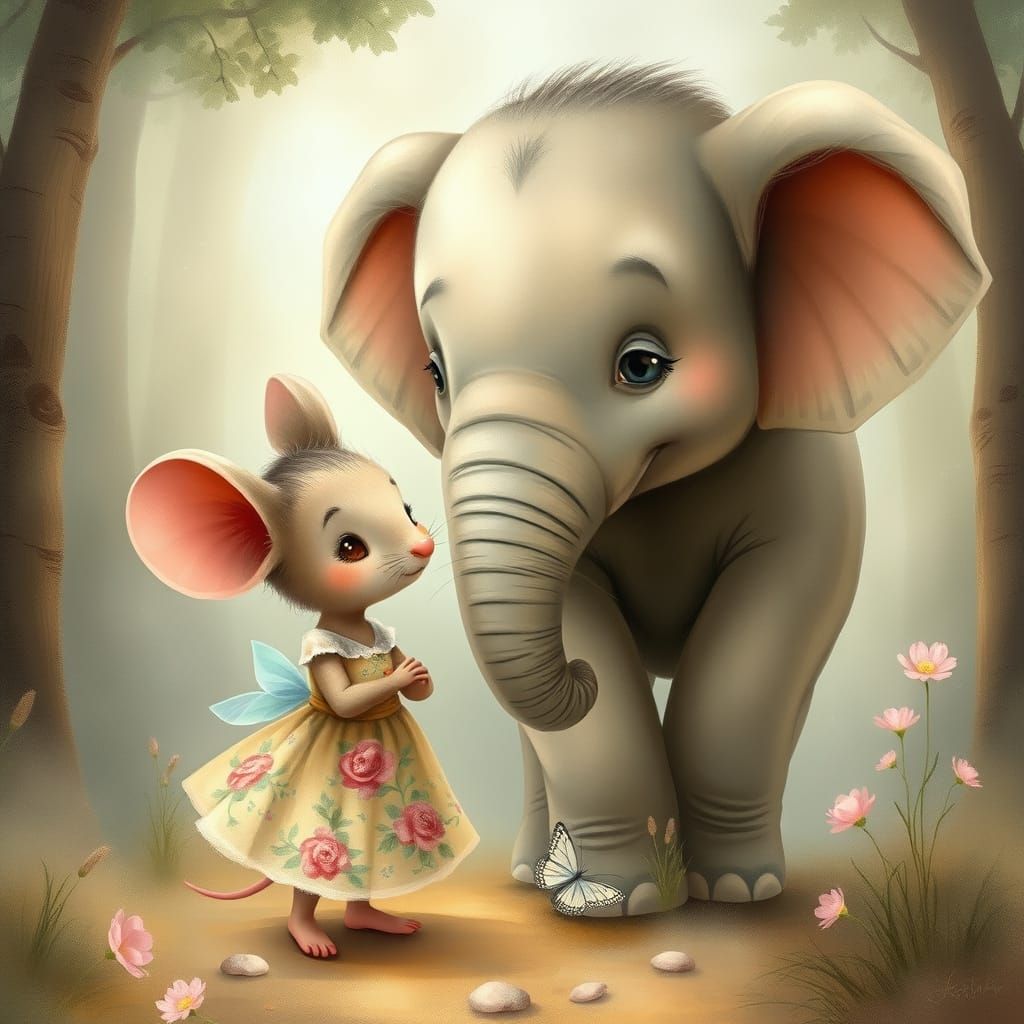 Elephant and Mouse Friends in Ethereal Forest