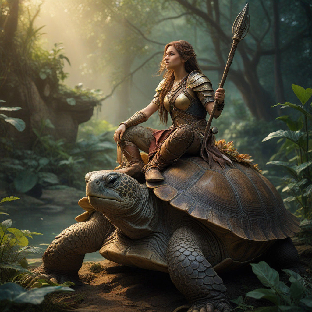 Fantasy Woman Warrior Sitting on a Giant Turtle