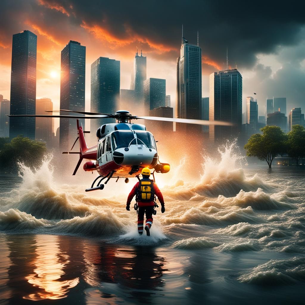 Helicopter Rescue from Flooded Cityscape at Sunset