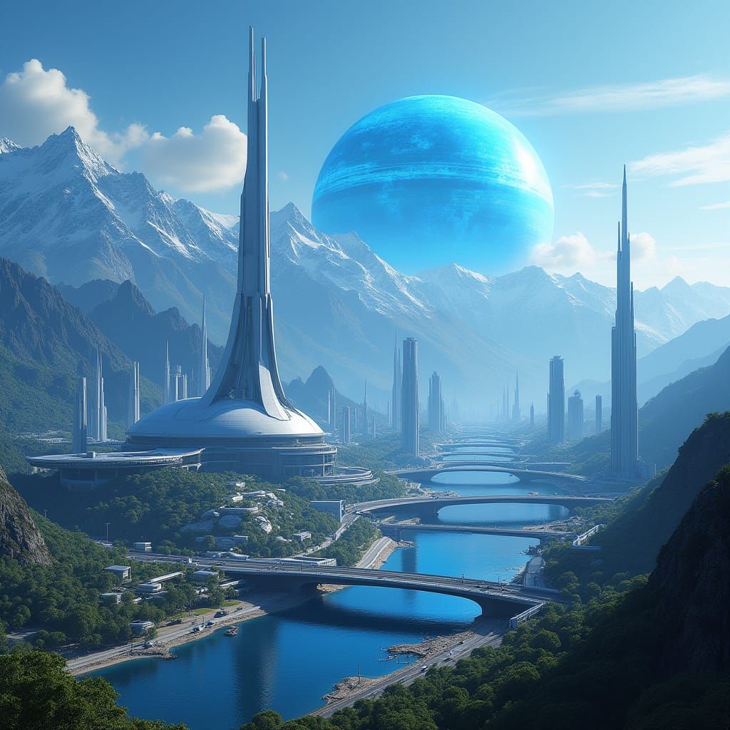 Surreal Futuristic Cityscape with Glowing Blue Planet