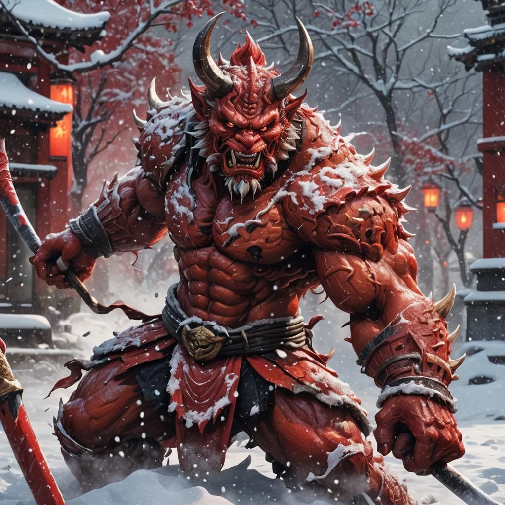Hyperrealistic Red Oni in Snow Splash Art