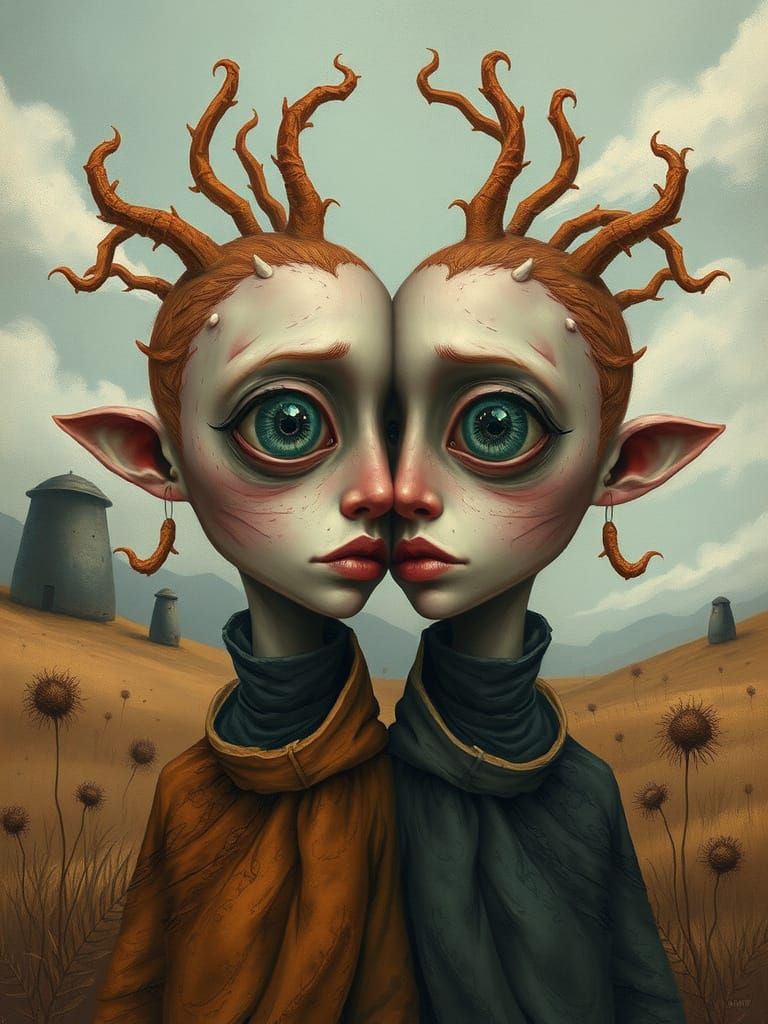 Mysterious Twins in Dreamlike Landscape Art