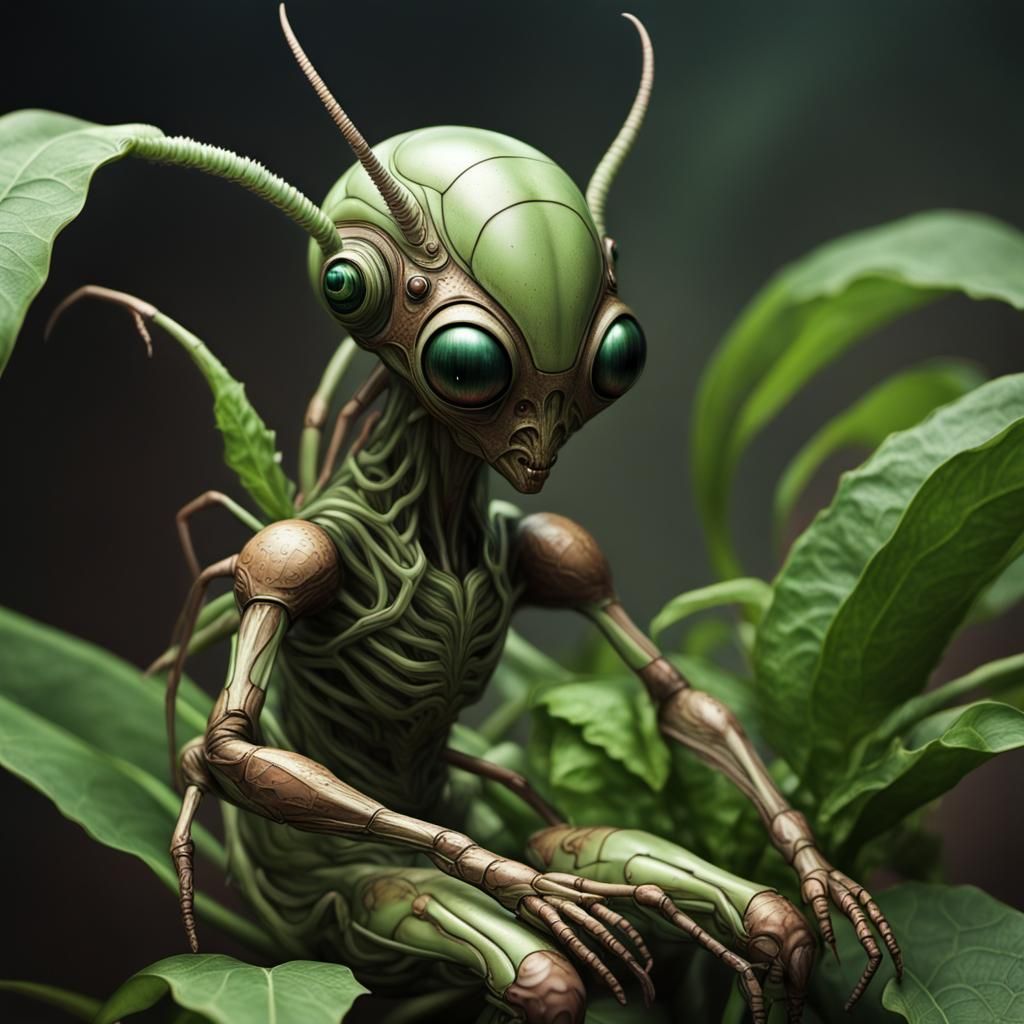 Alien Insectoid Creature on Lush Alien Plant