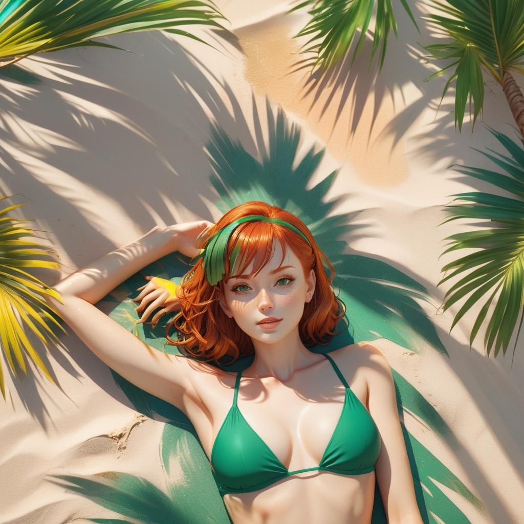 Redhead Woman on Tropical Beach in 3D Anime Style
