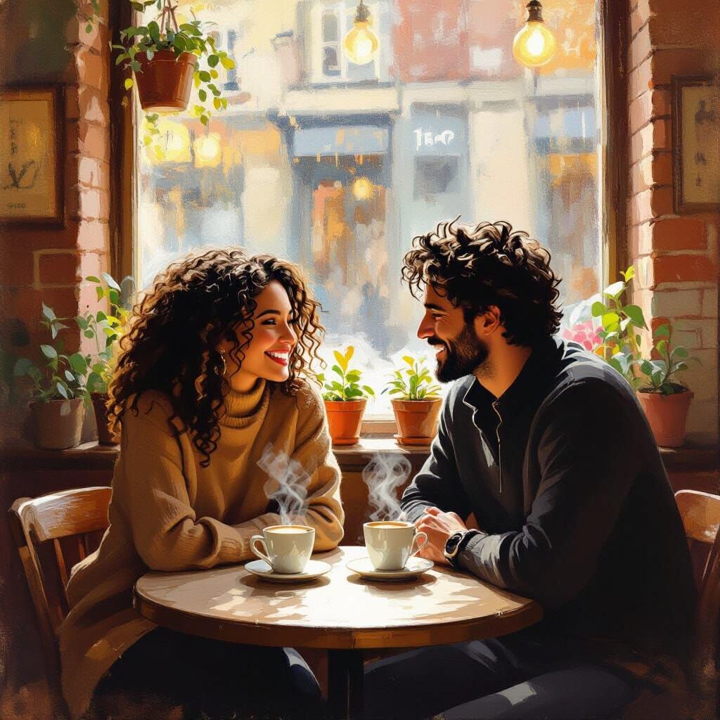 Couple's Intimate Cafe Moment in Impressionist Style
