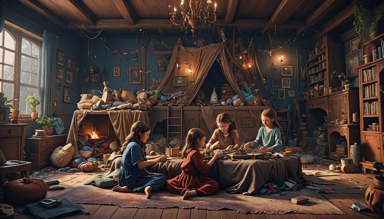 Sisters Build a Cozy Fort, Detailed Fantasy Art