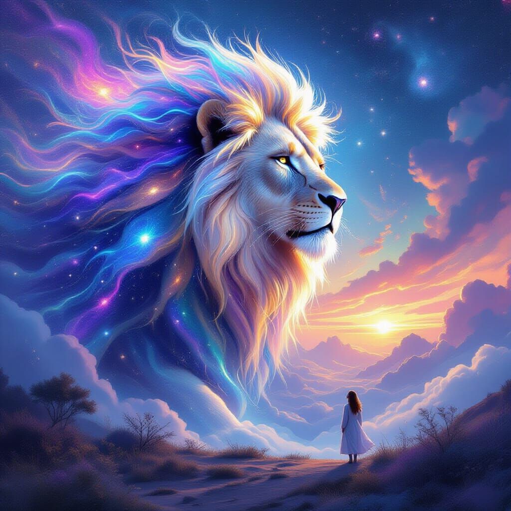 Cosmic Lion Made of Stardust and Light
