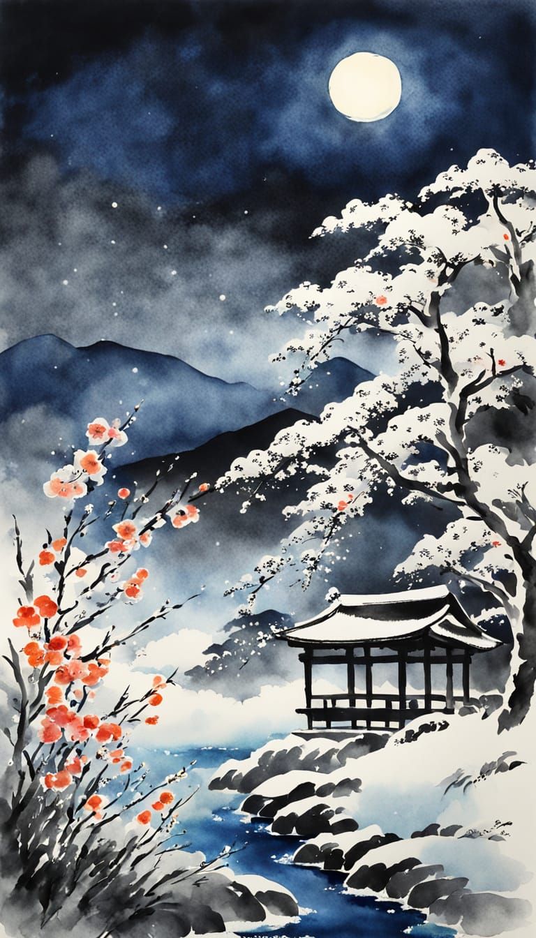 ^^Silent Moon Glow,  Cherry blooms in winter’s hush,  Temple...