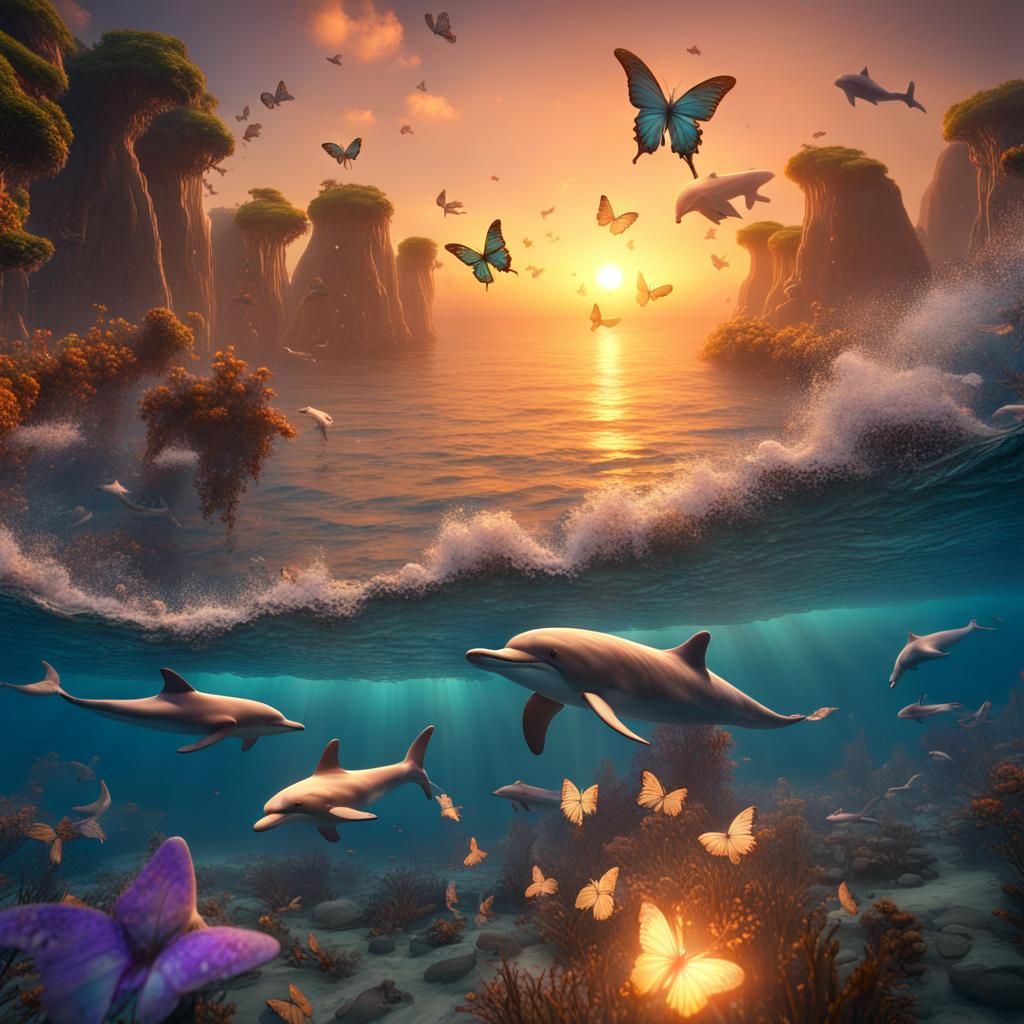 Butterflies Swimming with Dolphins at Sunset