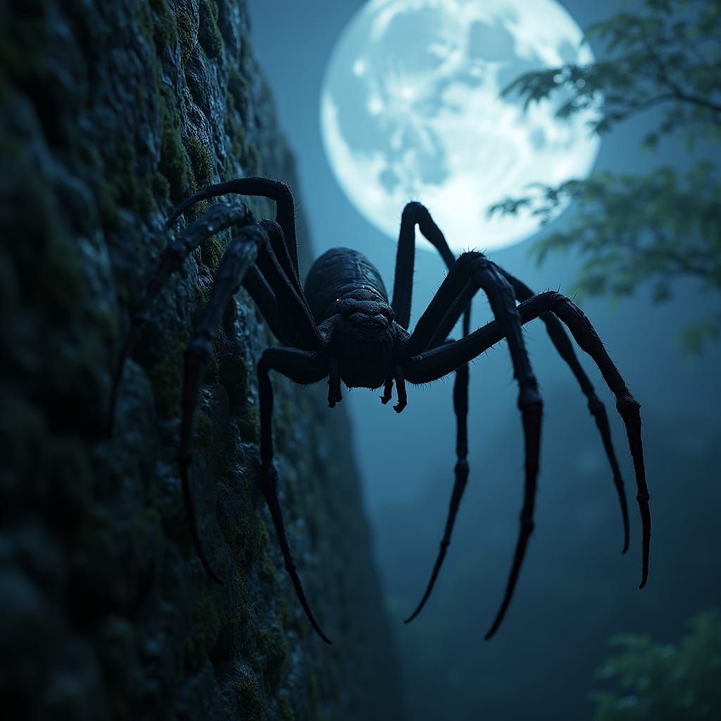 Giant Spider Creeping on Stone Wall in Moonlight