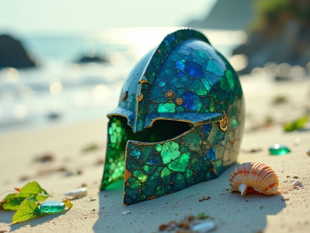 Enchanted Sea Glass Knight Helmet on Sandy Beach