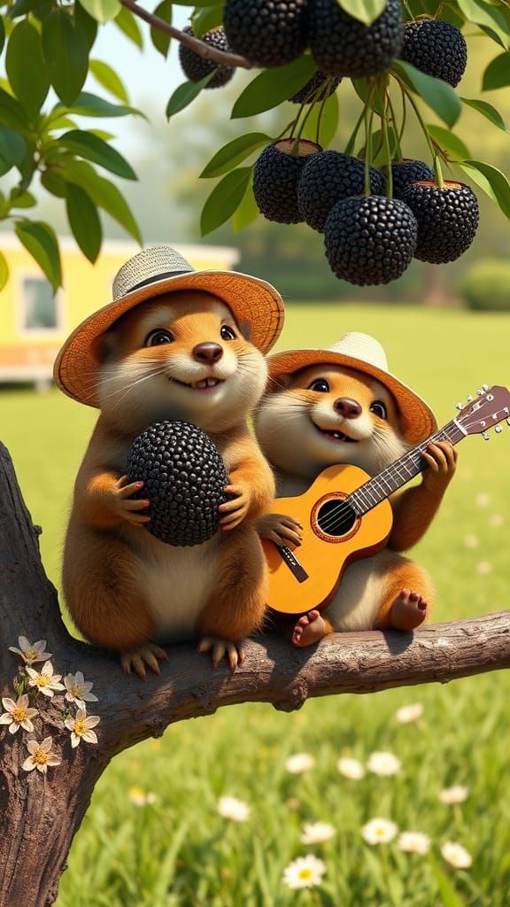 Pixar-Style Marmots Playing Music in a Mulberry Tree