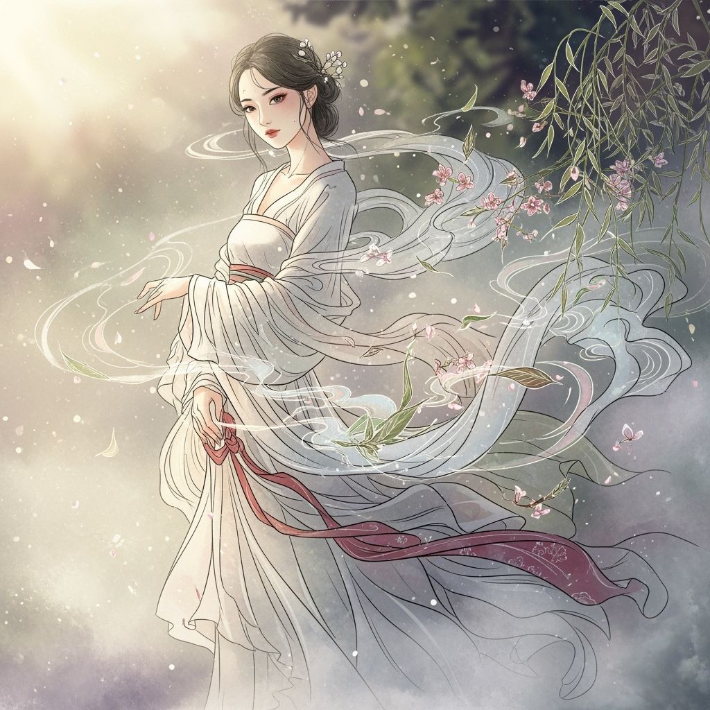 Ethereal Asian Woman in Silk and Mist