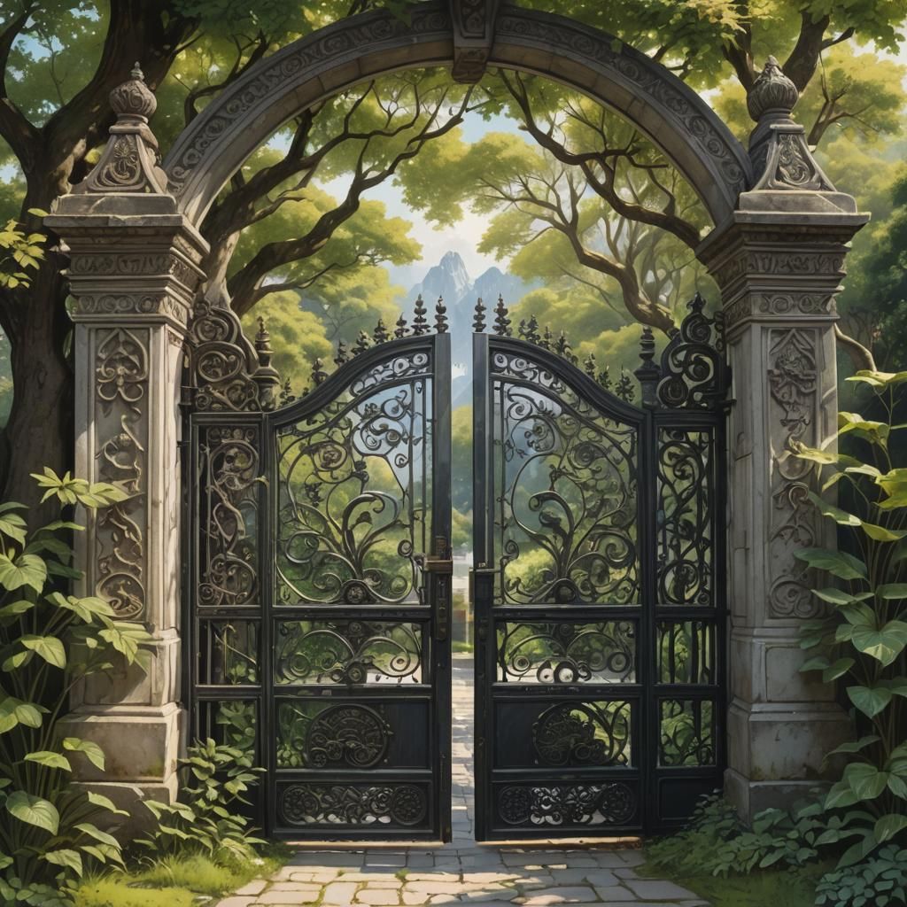 Intricate Gate Opens to Serene Landscape