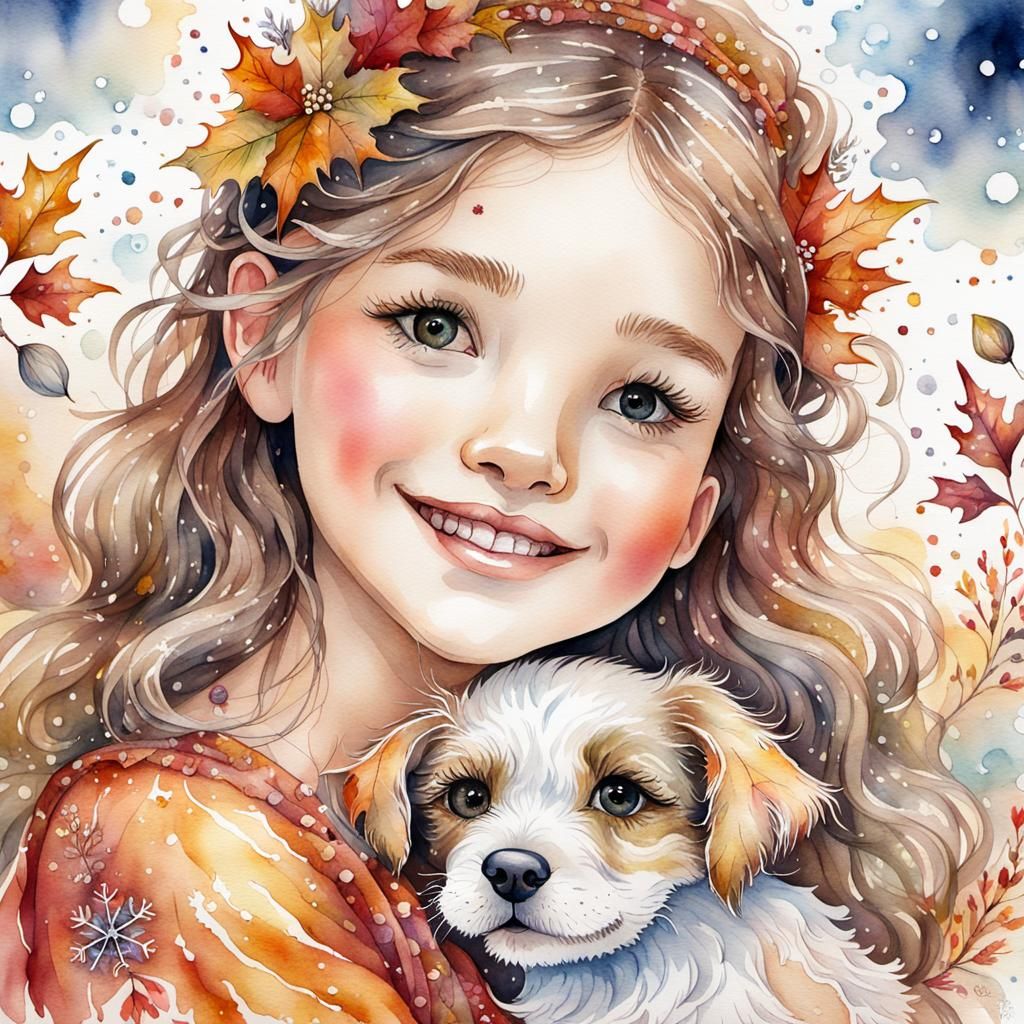 Whimsical Watercolor Portrait of Girl with Puppy