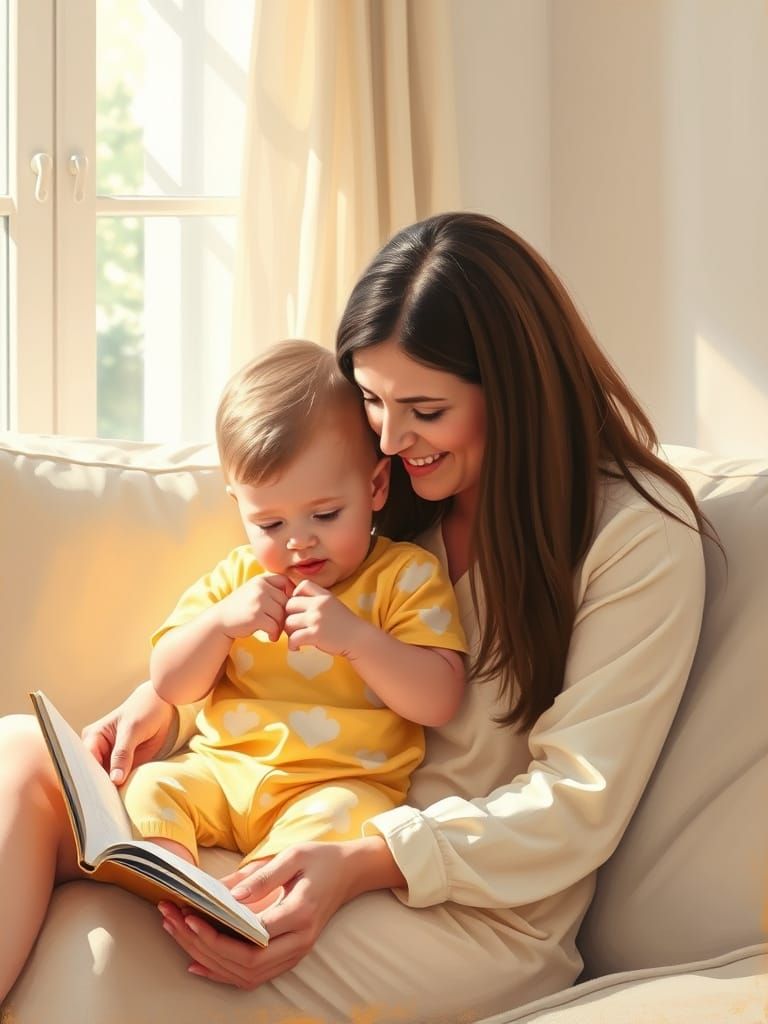 A heartwarming oil painting of a mother and young child.  Mo...