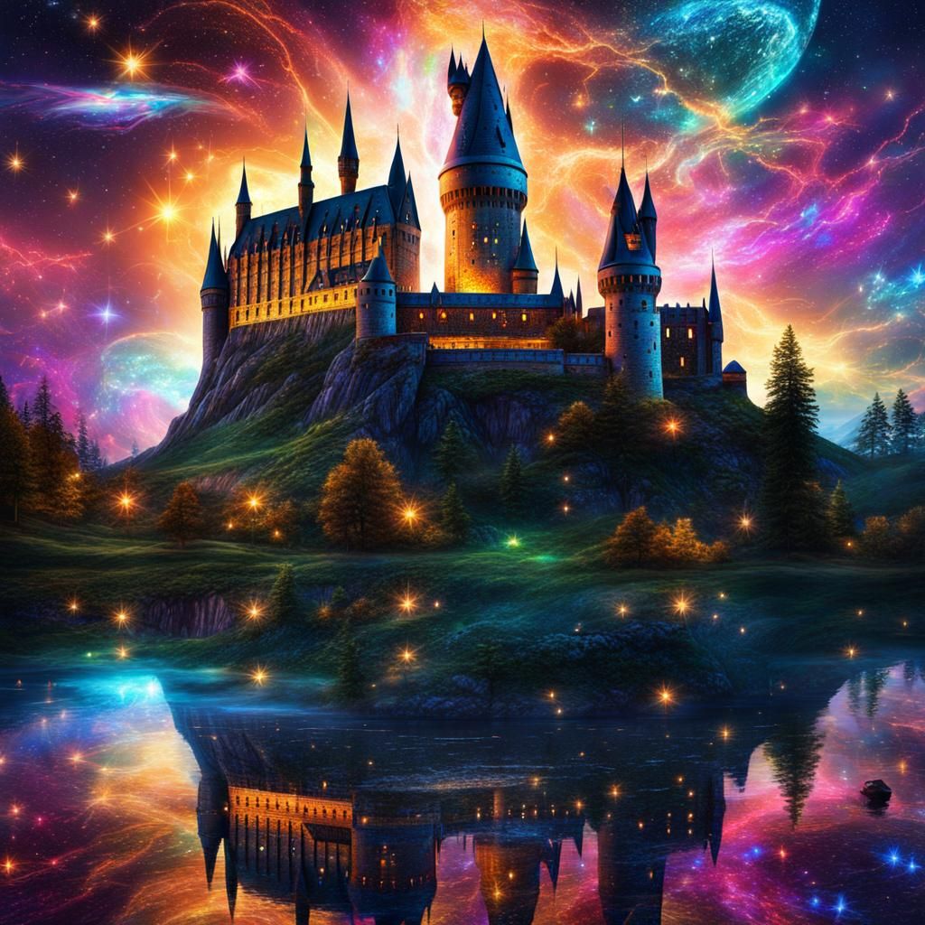 Holographic Hogwarts Castle in Cosmic Illustration