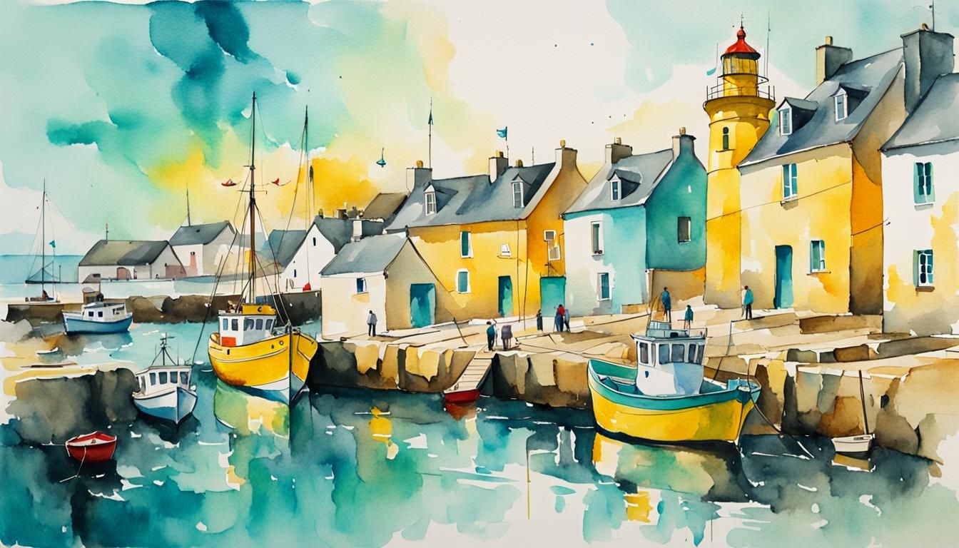 Brittany Fishing Port Watercolor Painting with Lighthouse