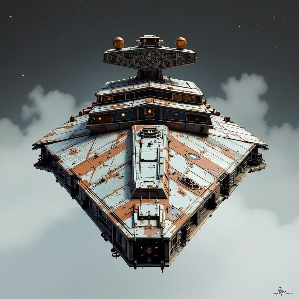 Steampunk star destroyer with design elements similar to the millennium Falcon, but overall shape is triangular like a s...