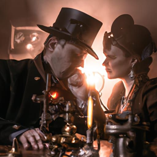Steampunk Couple in Gaslit, Smoky Scene