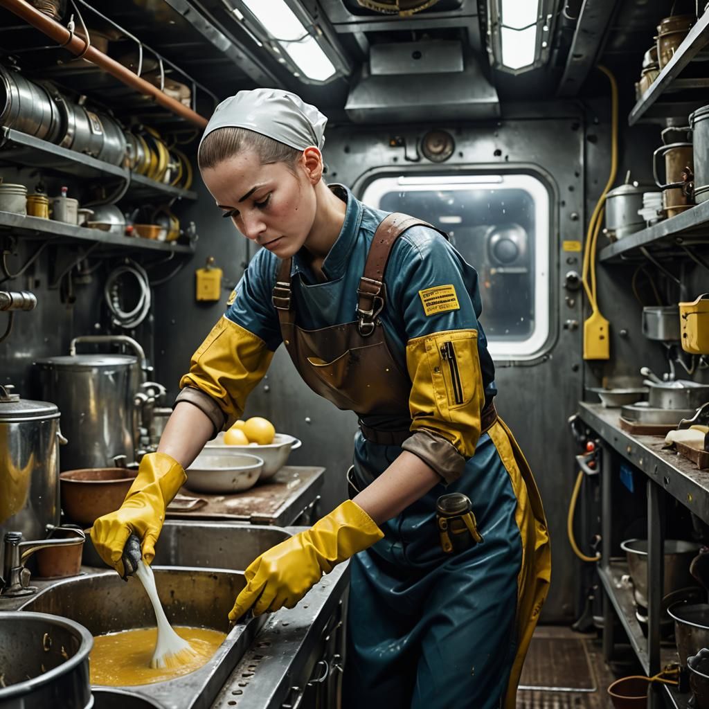 Exhausted Worker Washing Dishes on Spacefreighter