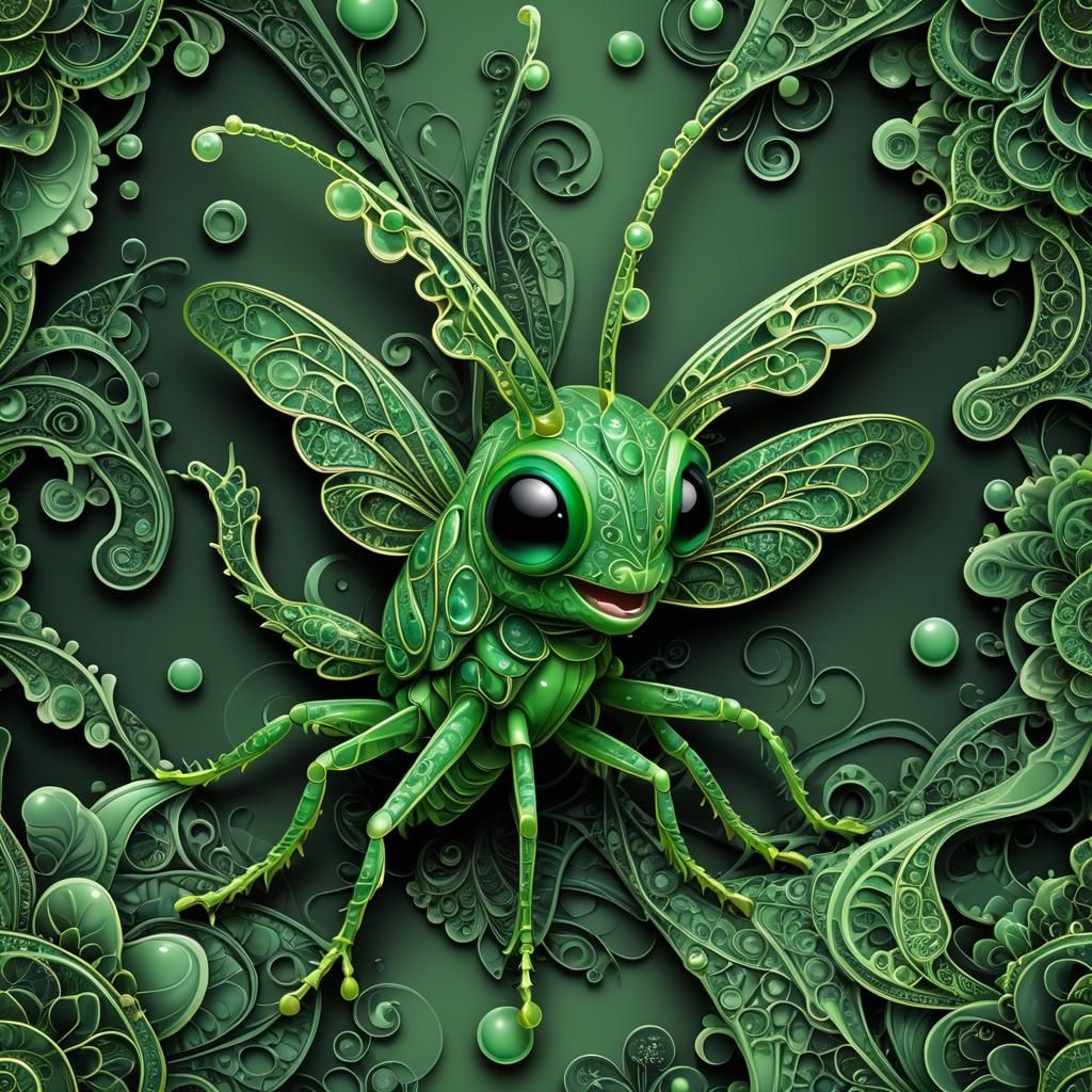 Jade Green Fantasy Grasshopper Close-up in 3D