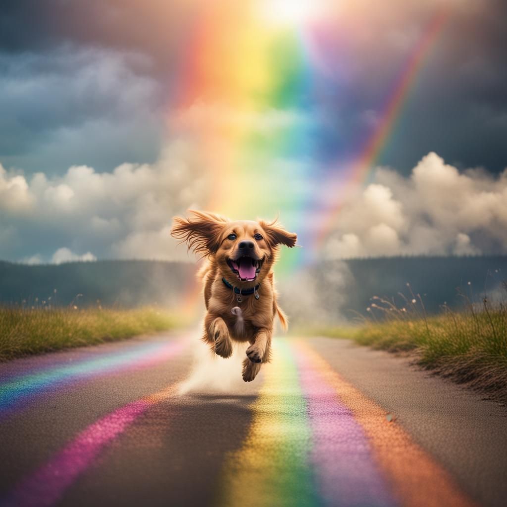 Dog Running in Heaven with Rainbows