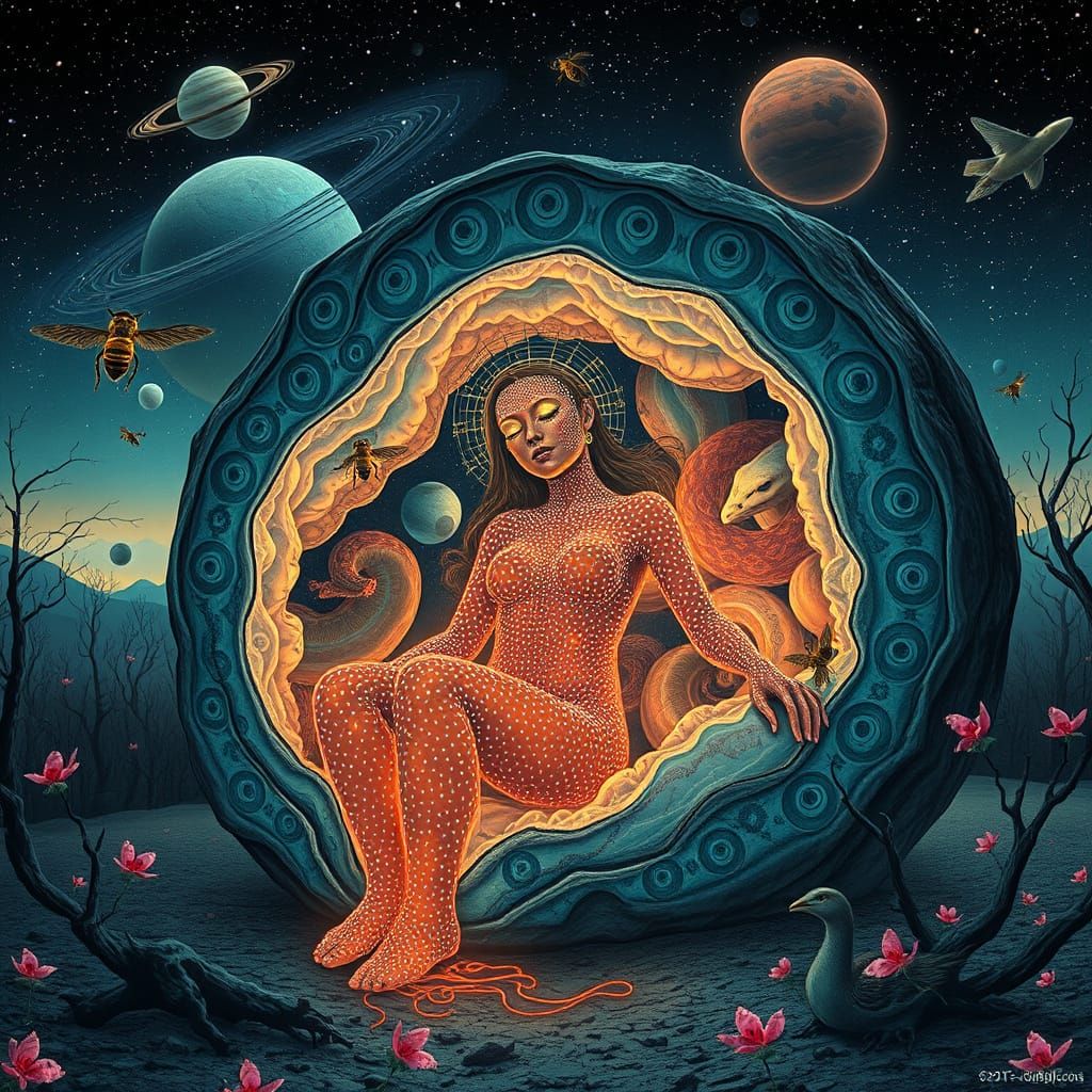 Bioluminescent Druids in Geode, Surreal Alchemical Art