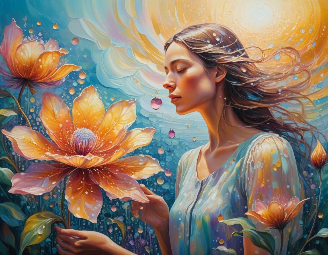 Woman Waters Blooming Flower in Surreal Oil Painting
