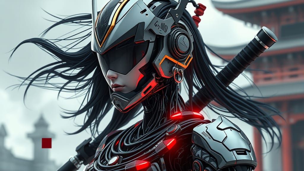 A ck-sfc style image, female cyberpunk samurai robot, robot face with mirrored face shield, hyper detailed helmet, flowi...