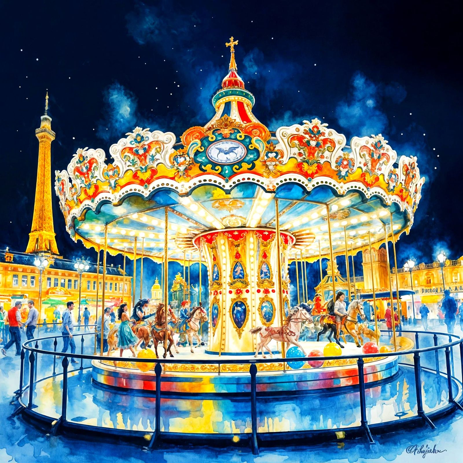 Parisian Carousel Watercolor Masterpiece