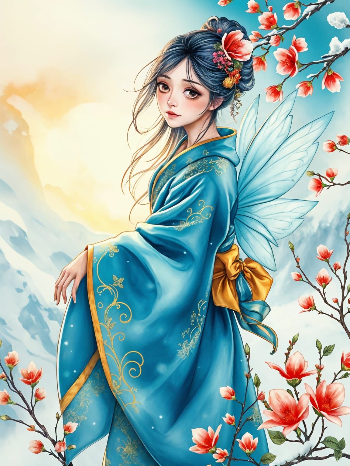 Winter Fairy Portrait in Post-Impressionist Watercolor Style