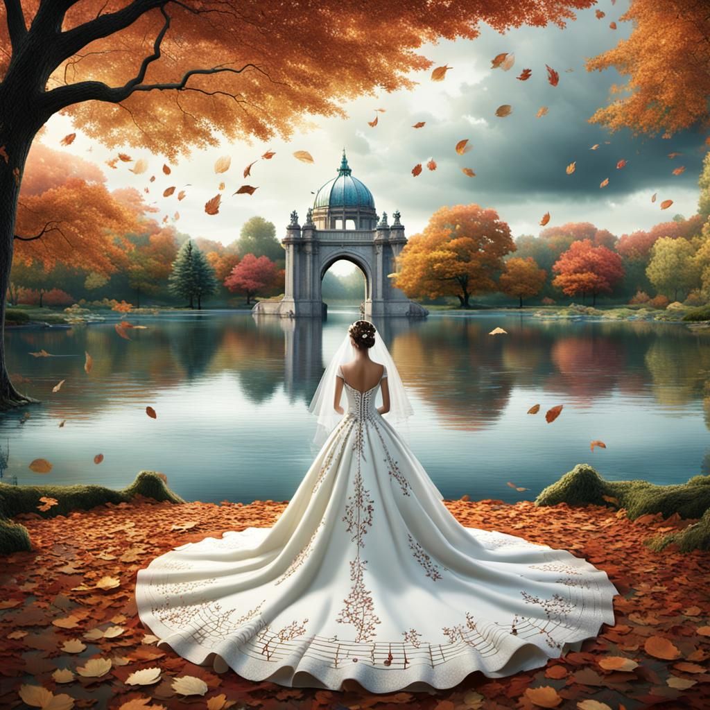 Musical Bride in Overcast Park: Detailed Matte Painting