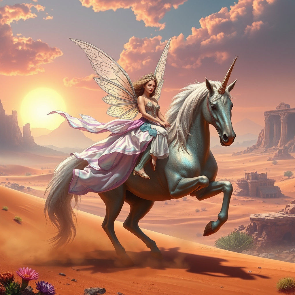 Fairy Princess Rides Unicorn Through Desert Landscape