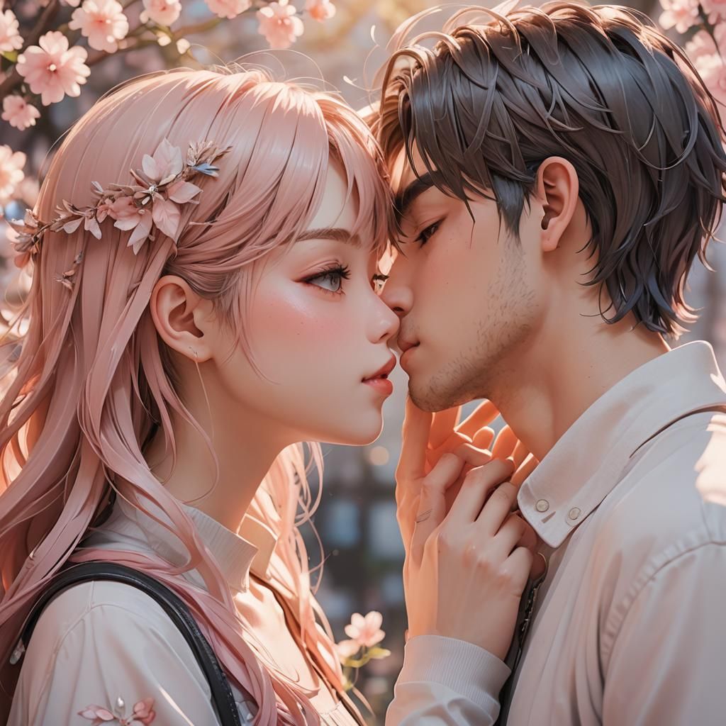 Anime Girl Kissing Boyfriend in 3D Art