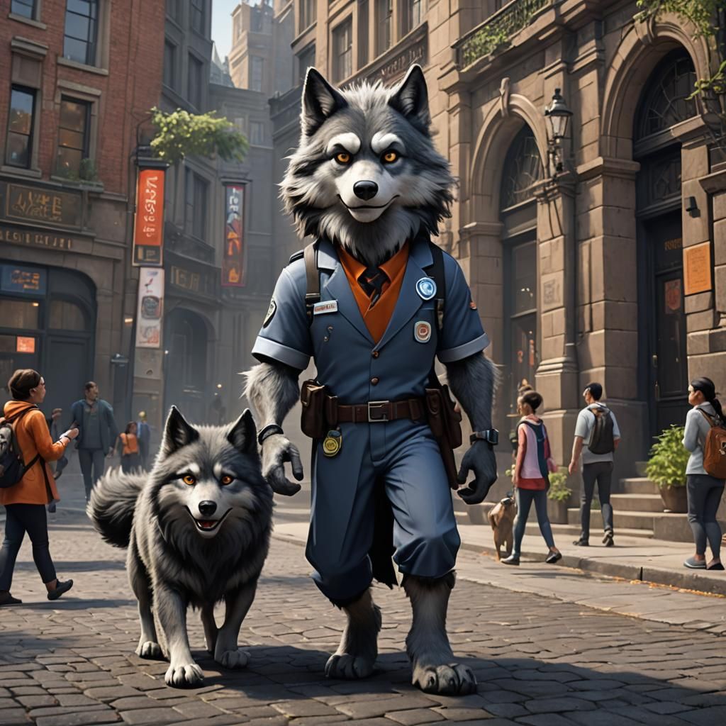 un lobo humanoide con uniforme universitario gris moderno caminando con una profesora humana delgada de pelo negro muy b...