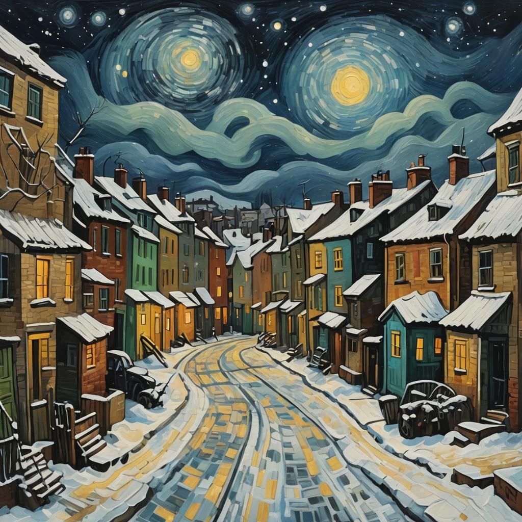 Snowy Night Ghetto: Van Gogh-Style Gouache Painting