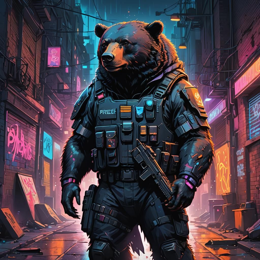 Tactical Bear Patrolling Gritty City Alley in Fantasy Style