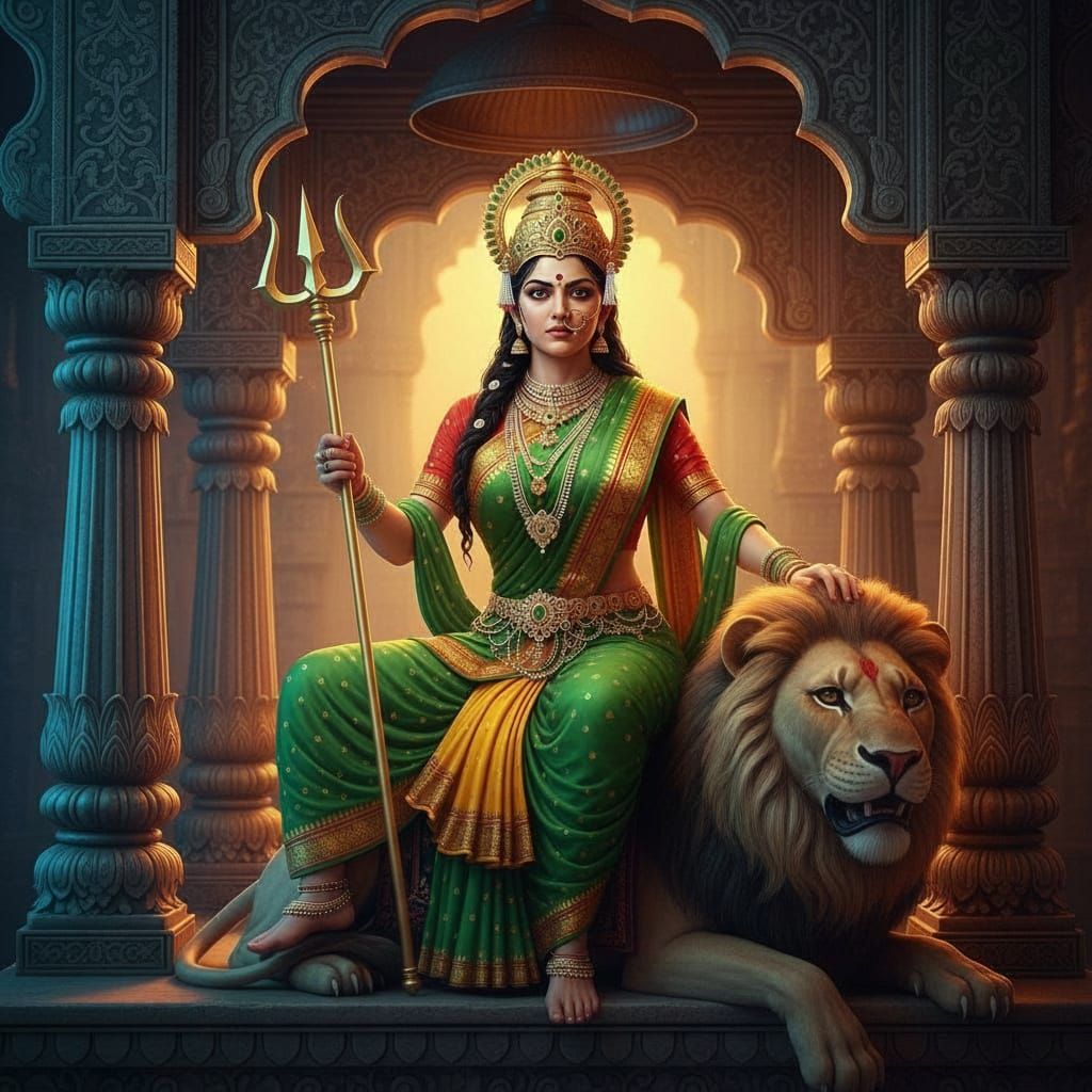 Indian Goddess Sachiya on Lion in Shrine