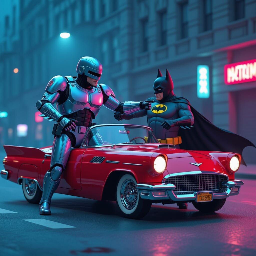 Robocop Captures Penguin in Cyberpunk Herbie Car