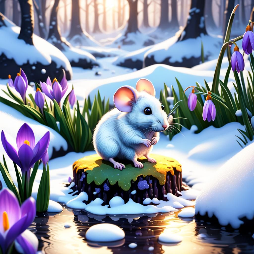 Spring Blooms with Mouse by Firelight